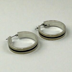 Vintage Chaps Black & Cream Silver-Tone Hoop Earrings